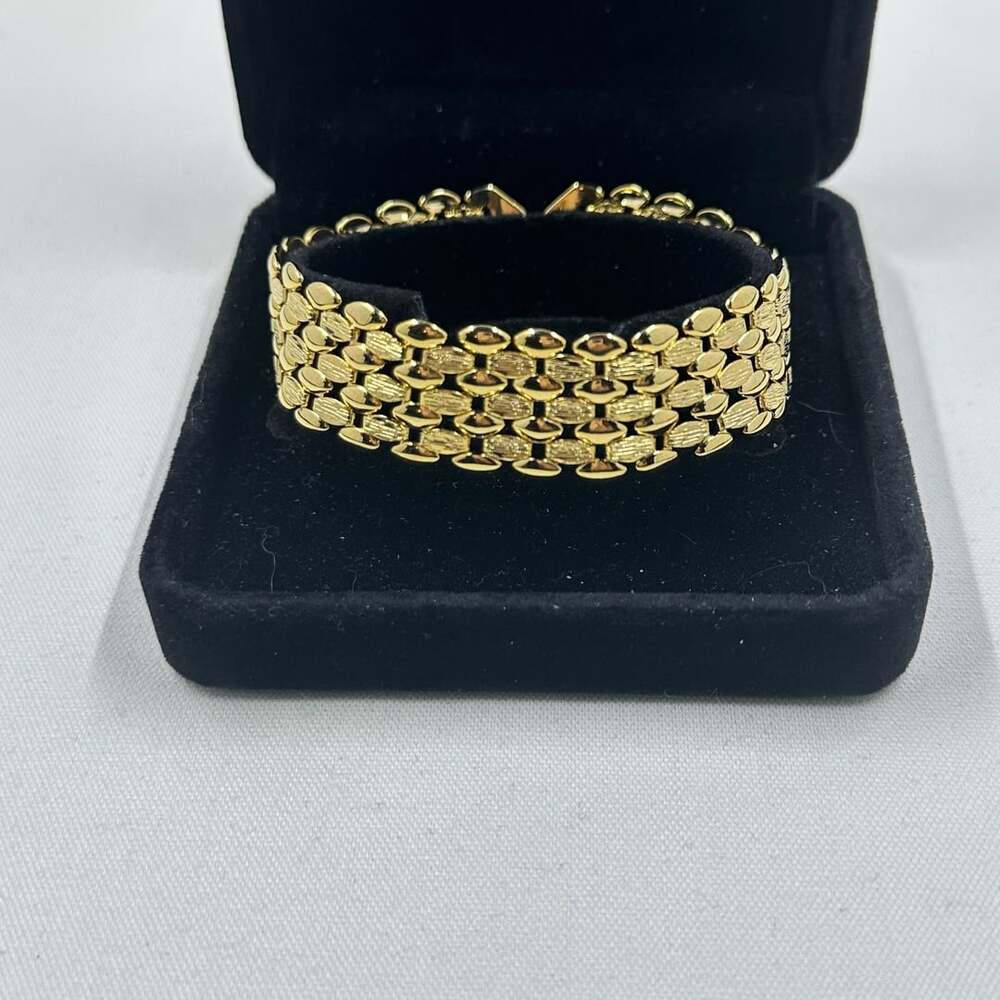 Vintage Korean Gold Plated Multi-Row Panther Link Bracelet with Fold-Over Clasp